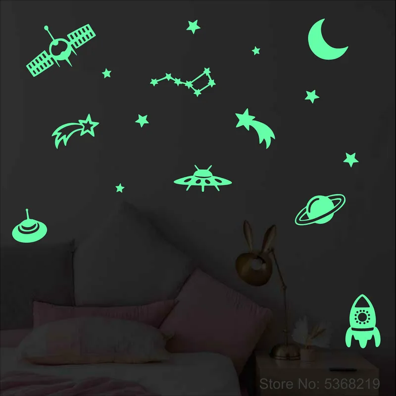 Space Rocket Planet Spacecraft Meteor Moon Stars the Universe Glow Stickers Wall Ceiling Fridge Car Decor Astronomy Vinyl Decal