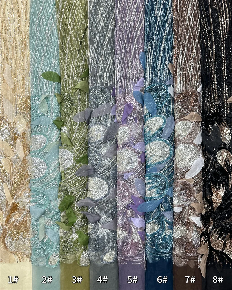 Luxury 3D Beads High Quality French Heavy Net Sequins Lace Fabric African Lace Fabric 5 Yards For Nigeria Wedding Party Dress