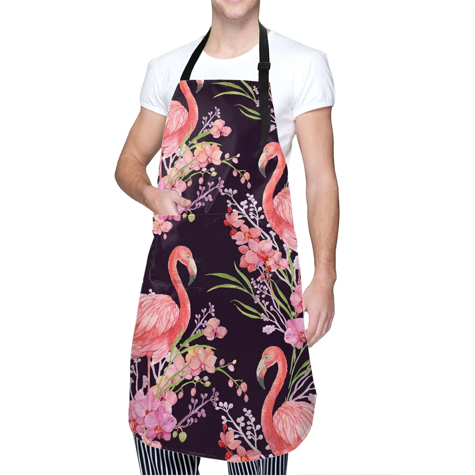 Pink Flamingos Exotic Orchids Flowers Waterproof Apron With 2 Pockets Kitchen Chef Aprons Bibs For Cooking