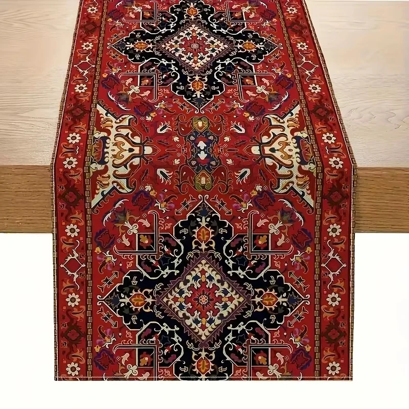 Vibrant Bohemian Table Runner | Rich Red Persian Antique Stripe Pattern | Rectangular Design for Wedding Celebrations