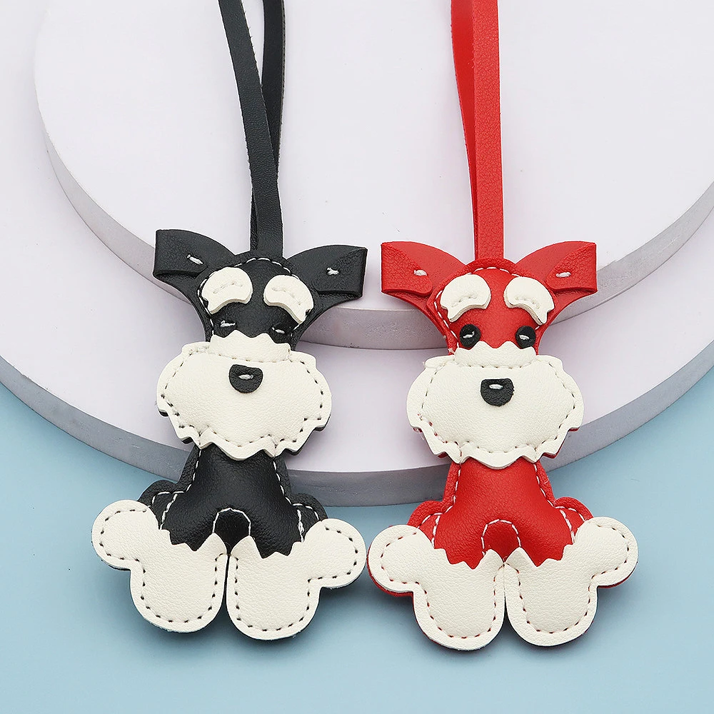 Cute Schnauzer Shaped Lanyard Keychain Girls Kawaii Leather Pet Dog Keyring Backpack Purse Handbag Decor Accessories Friend Gift
