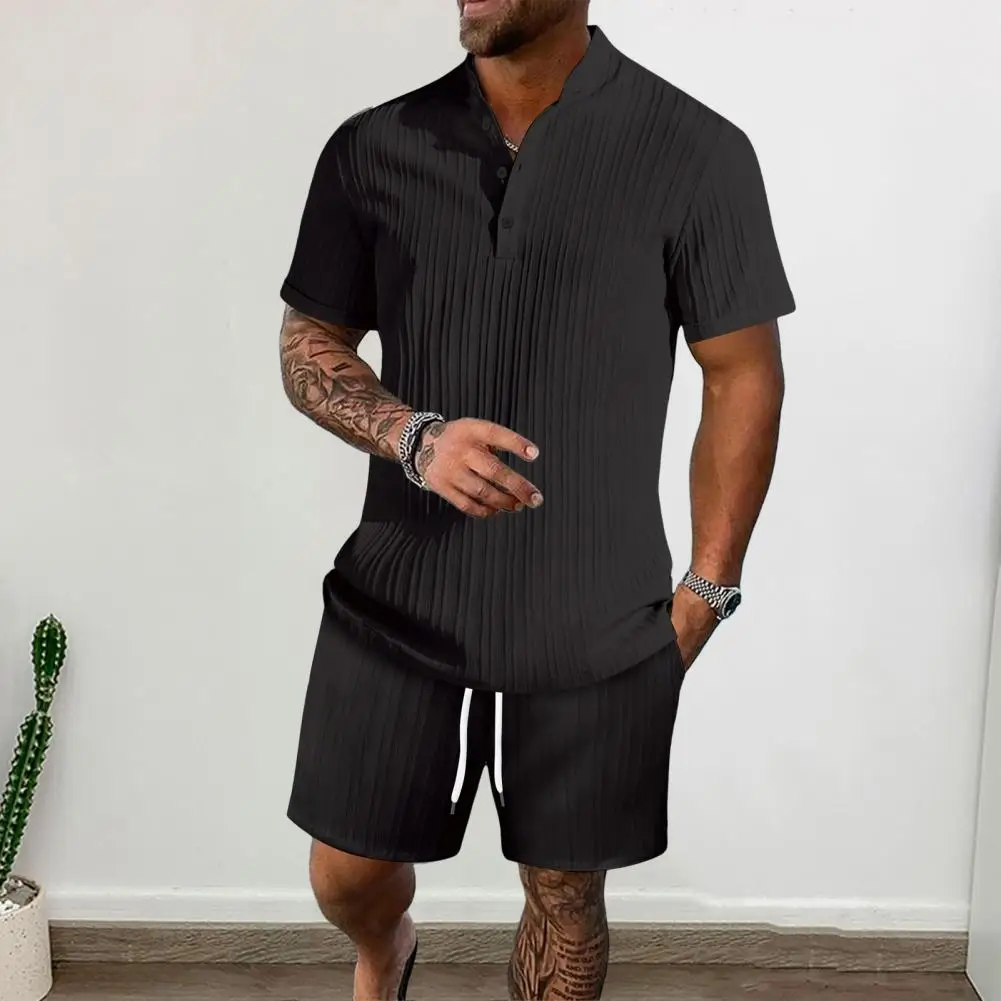 Conjunto de traje deportivo de verano para hombre, Camiseta con cuello levantado, pantalones cortos de cintura con cordón, informal, dos piezas para Fitness