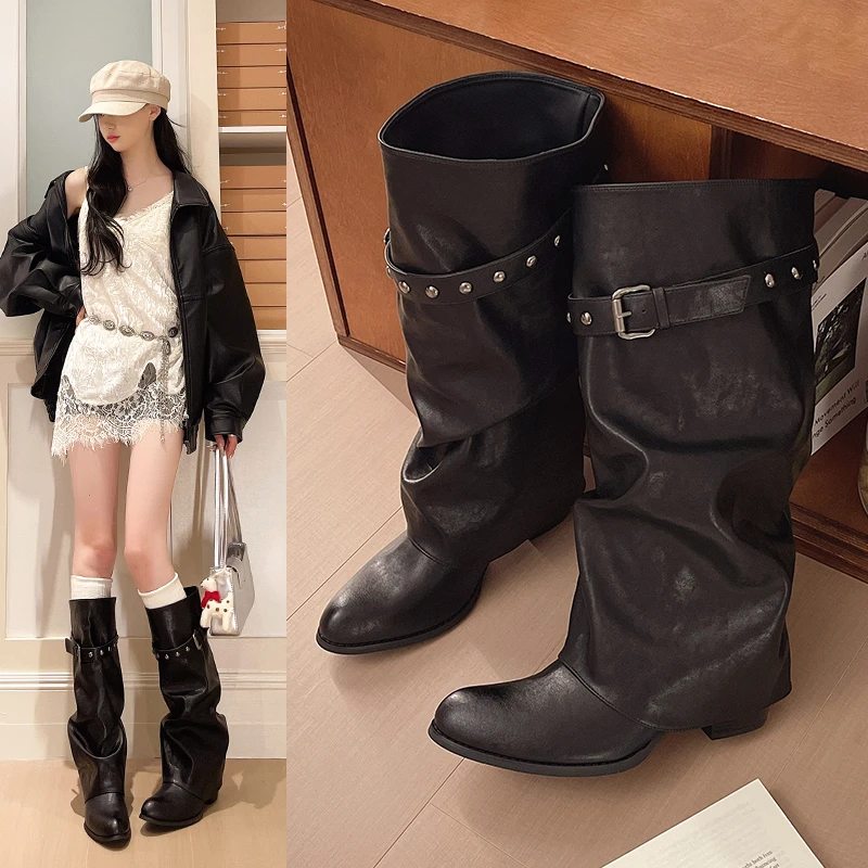 Over-the-knee Boots, Knight-style Pleated Layered Boots with Belts, Wide-leg Culotte Boots 2026 New Style image 2