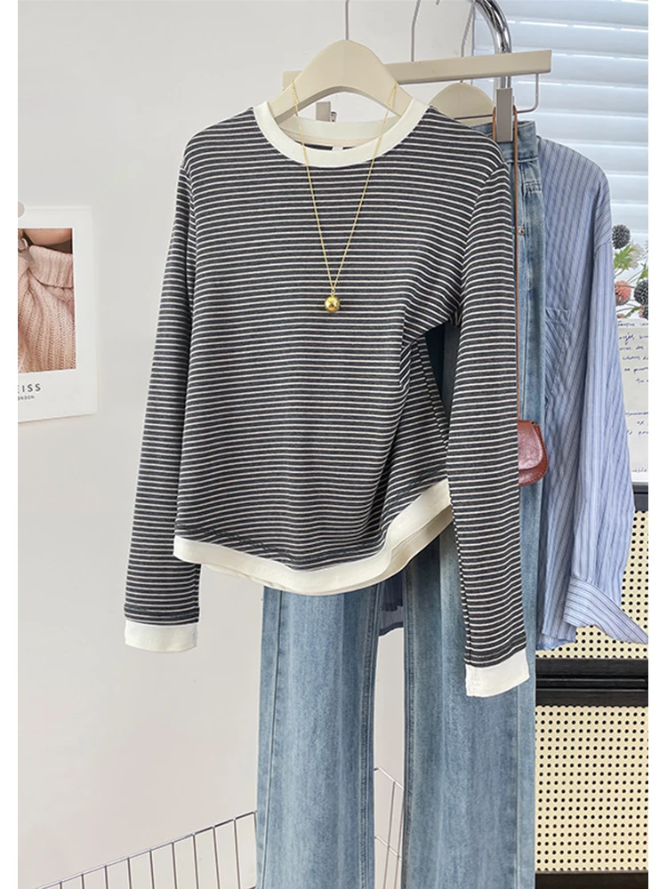 اللون Blo مخطط فضفاض صالح قاعدة irt ملابس داخلية المرأة Faion الفرنسية Sle تخفيف عادية القطن طويل Sve تي شيرت