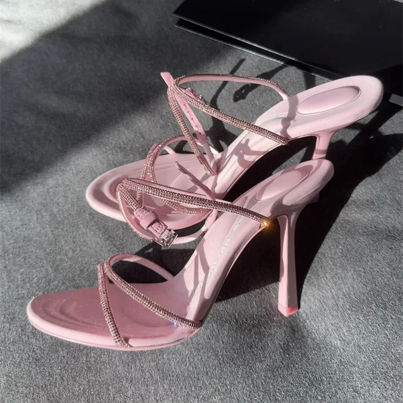 Women's Sandals 2023 Summer New Round Toe High Heel Party Fashion Rhinestone Sexy Mother Button Slim Heel Open Toe Roman Sandals
