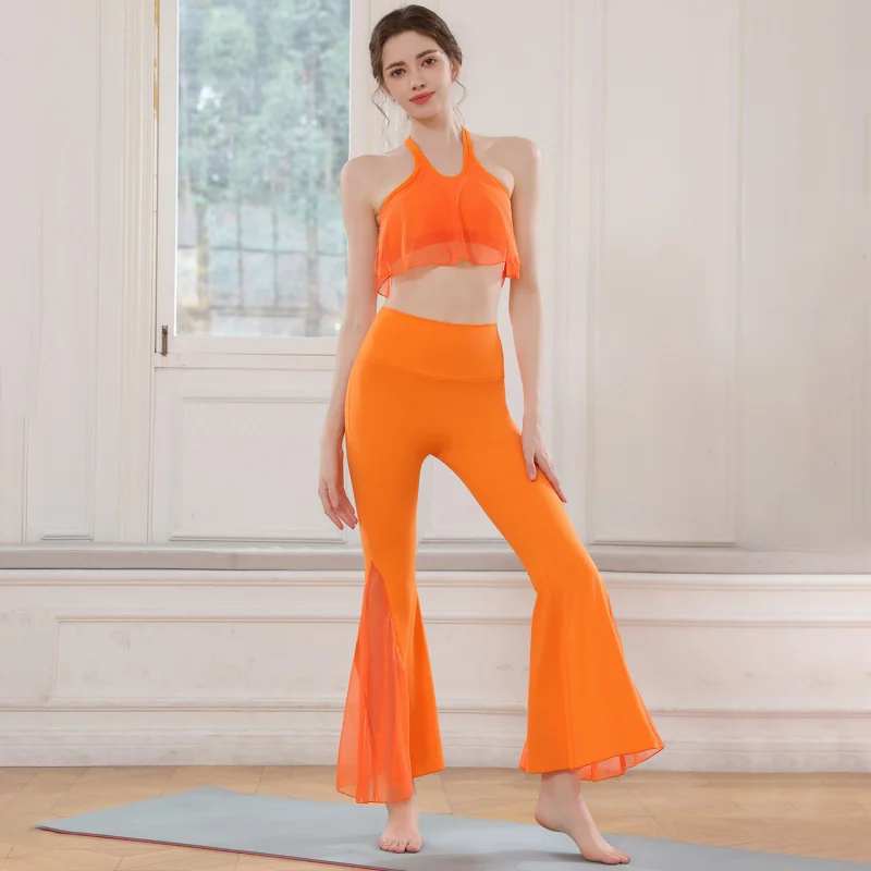 طقم يوجا نسائي رياضي بدون أكمام، حمالة صدر للجري متقاطعة من الخلف، سراويل واسعة للرقص واللياقة البدنية