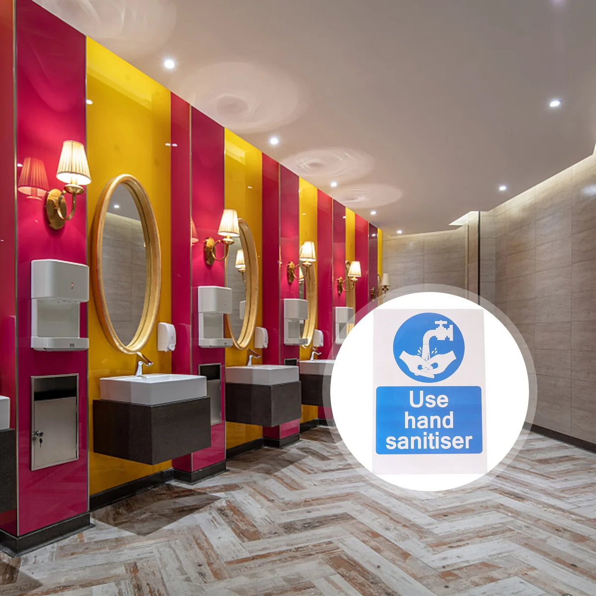 

5pcs Disinfection Warning Stickers Hand Signs Premium Self-Adhesive Labels for Shopping Malls Toilets Reminder