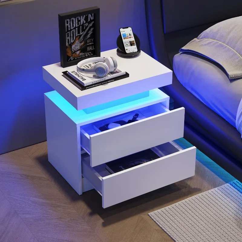 Mesa de cabeceira LED Mesa de cabeceira moderna com 2 gavetas de quarto (branca)