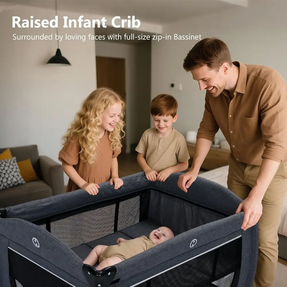 Compacte 4-in-1 speelplaats met wieg, commode en luifel, draagbare wieg voor baby's en peuters, donkergrijs