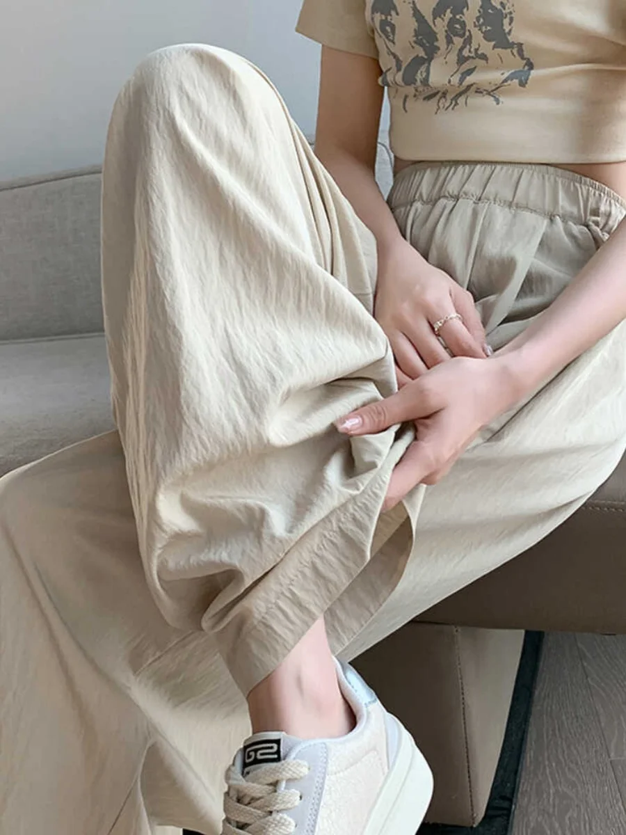 

plus Size Women's Ice Silk Wide Leg Pants Summer Thin Elastic High Waist Drapey Cool Casual Harem Pants Korean Style