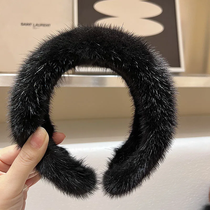 New Winter Real Mink Fur Headband For Women Hair Accessories Solid Head Wraps Warm Furry Gift