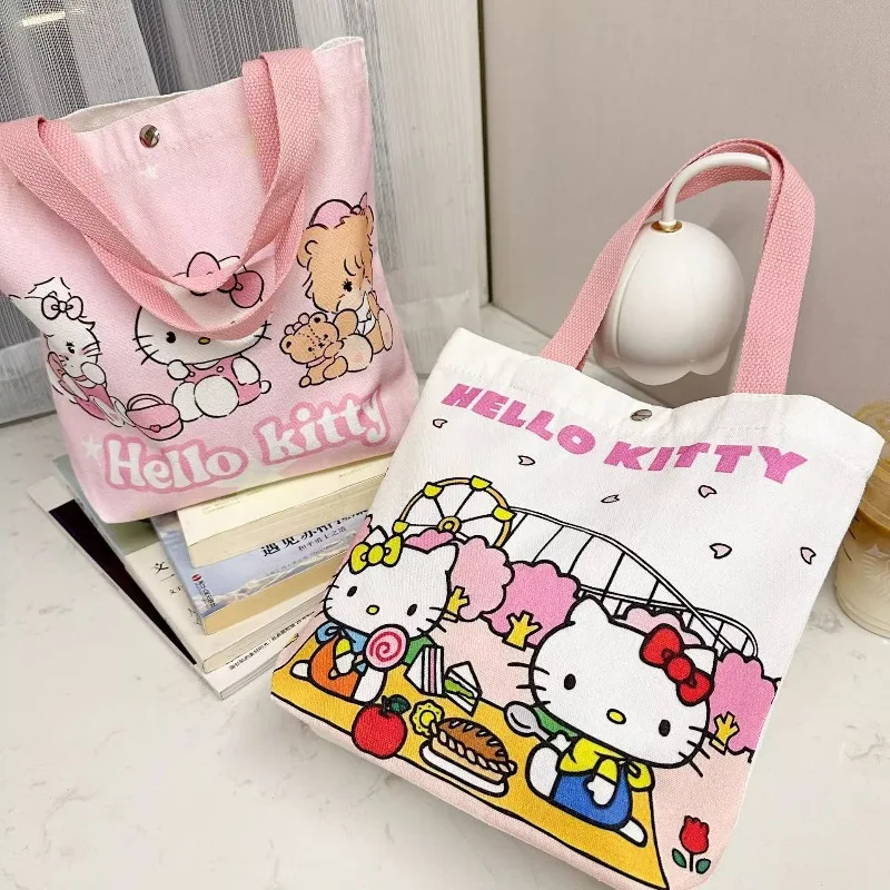 

Sanrio Hello Kitty Canvas Bag Cute Cartoon Shoulder Handbag with Button Large Capacity Soft Commute Tote for Women Girls