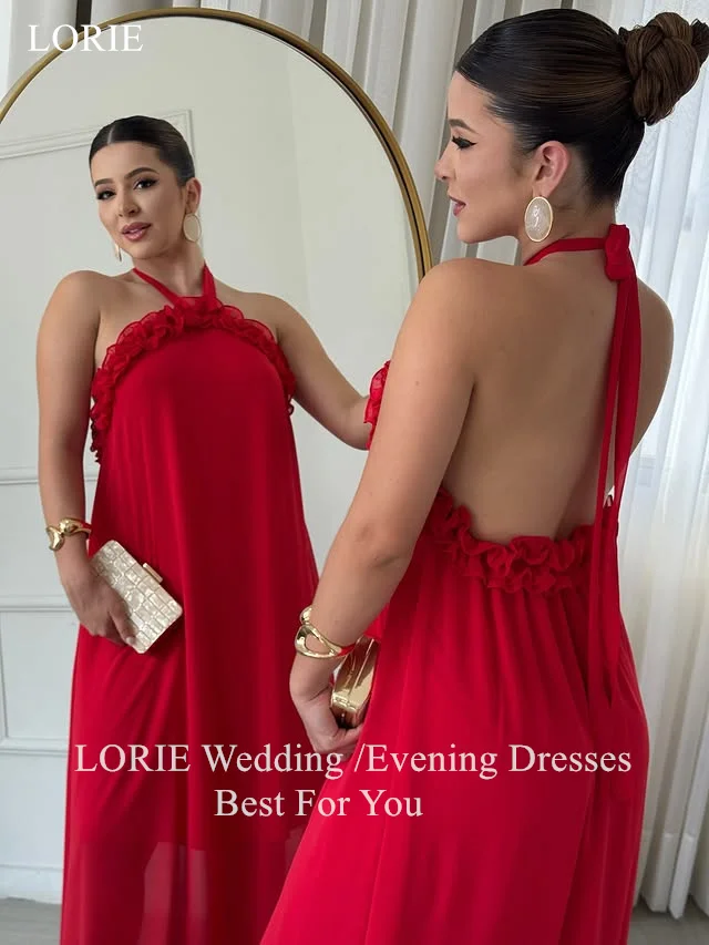 LORIE Schicke rote Chiffon-Abendkleider, gerüschte Neckholder-Bänder, rückenfreies Partykleid, A-Linie, bodenlange Ballkleider, individuell gestaltet