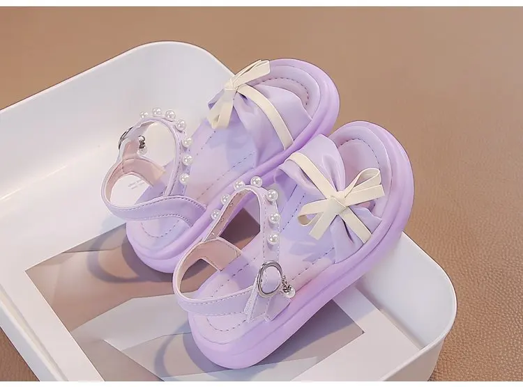 2026 Neue Sommer Kleinkind Schleifen-Strandschuhe Prinzessinnen Mädchen Leder Sandalen mit Perlenriemen Weiche Sohle Klassisch Elegant Party – Detail 5