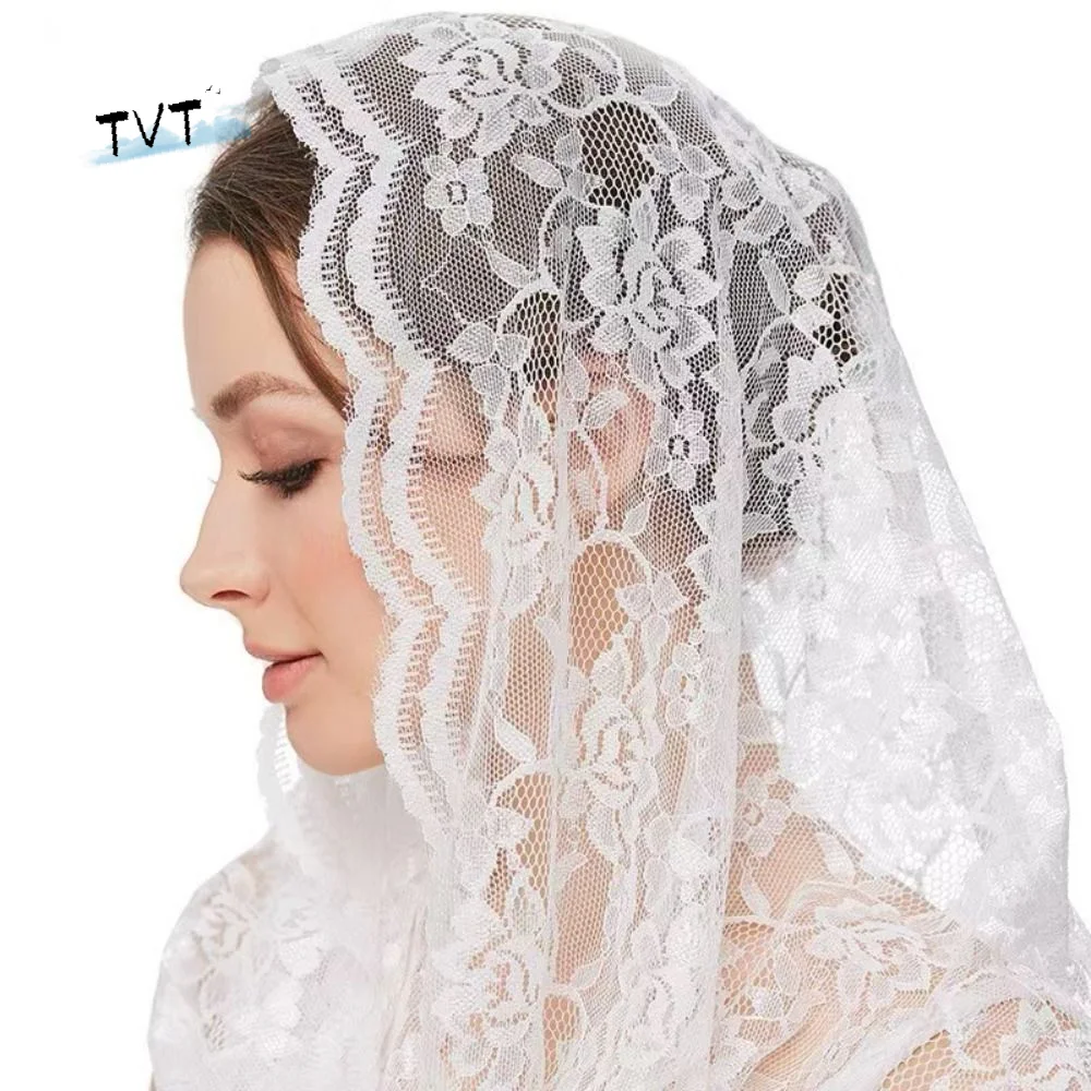 

Fashion Black Lace Veil Thin White Bride Mantilla Ethnic Style Elegant Head Covering Headdress