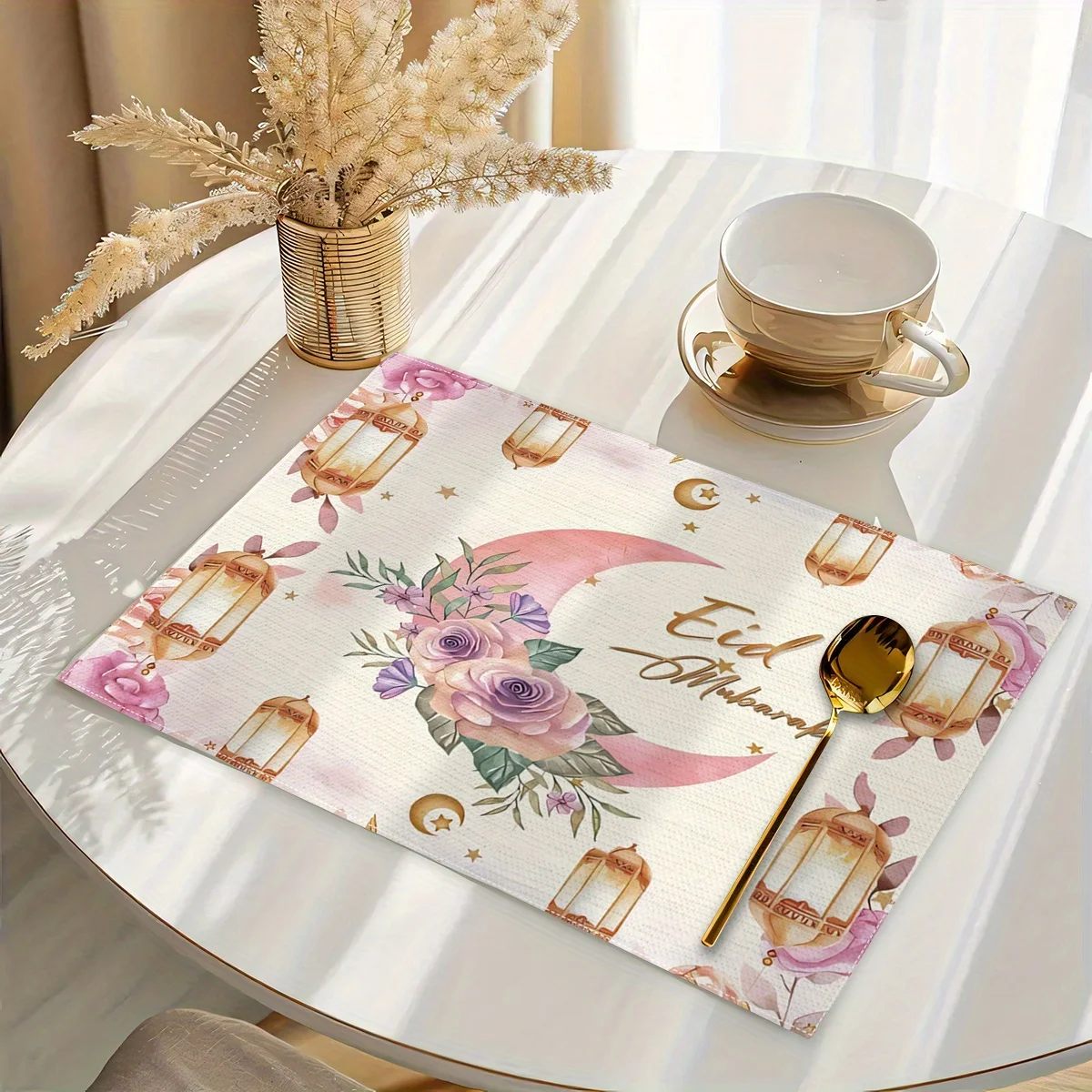 1PC Ramadan Kareem Linen Placemats - Heat-Resistant Rectangular Table Mats with Star Crescent & Floral Design