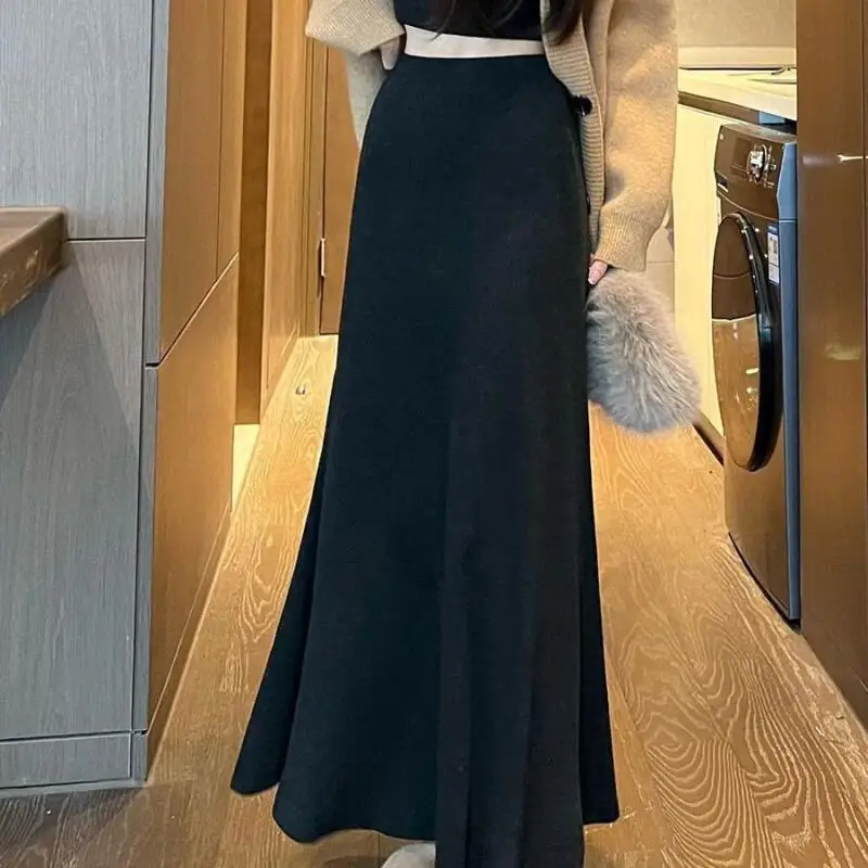 Dames retro donkergrijs zacht fleece gevoerd dik gedrapeerd a-lijn zeemeermin lange rok voor herfst winter nieuwe elegante mode rok