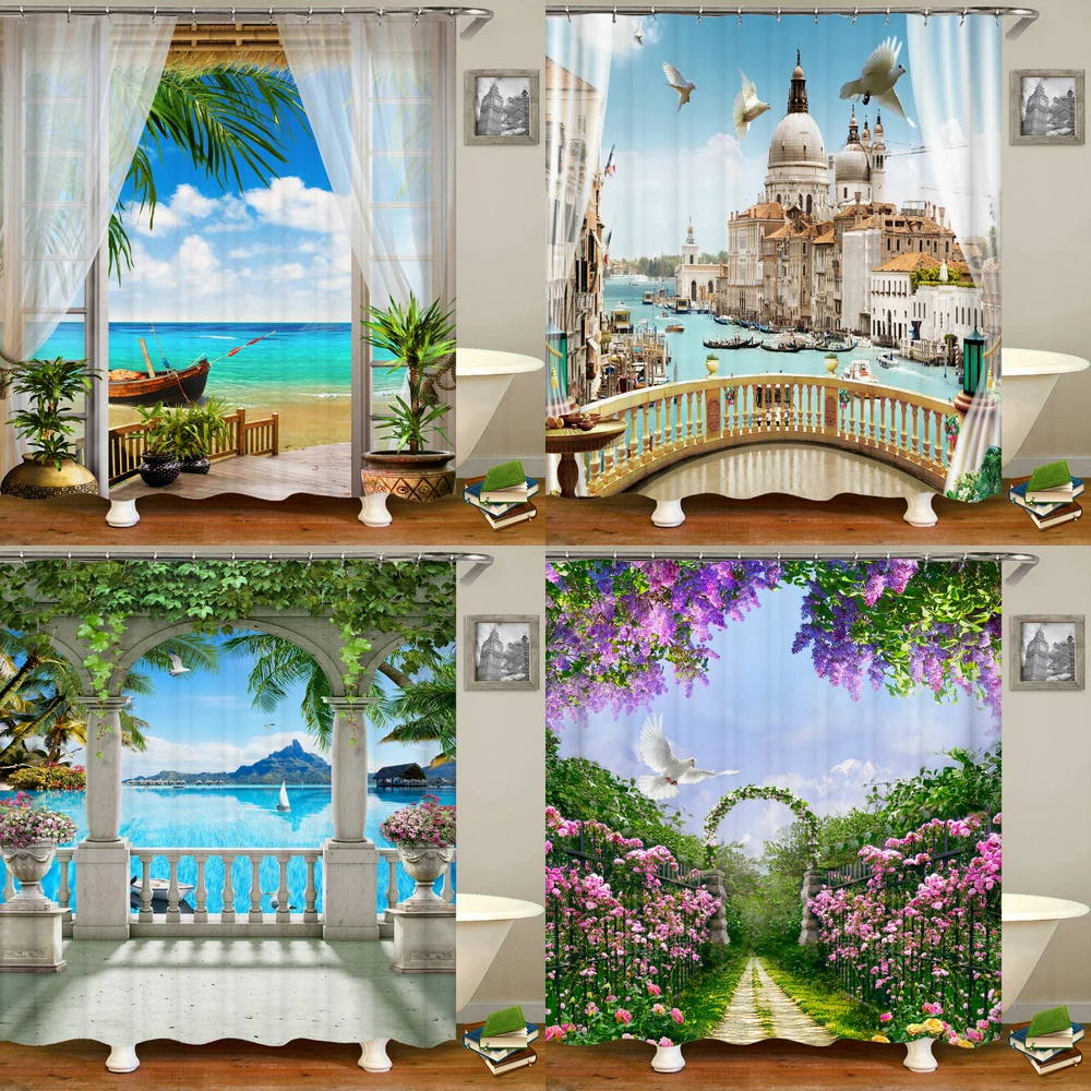 

Simulation 3D Seaview Natural Scenery Waterproof Shower Curtains Drapes Polyester Fabric European Bathroom Curtain with Hooks