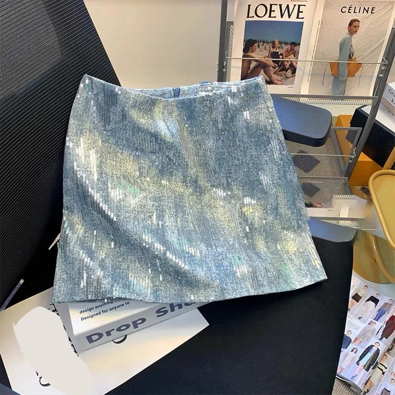 

Summer new Korean version of high waist slim retro niche design Joker skirt skirts for women Sequin denim bag hip skirt