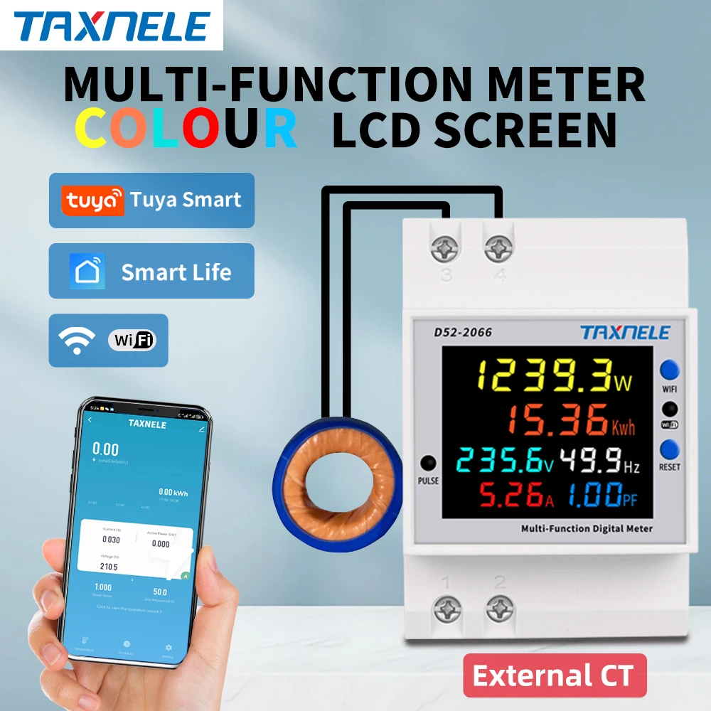 TUYA WiFi Remote Meter Smart Home D52-2066 6IN1 AC 110V 220V 100A Voltage Current Power Factor KWH Electric Energy Frequency