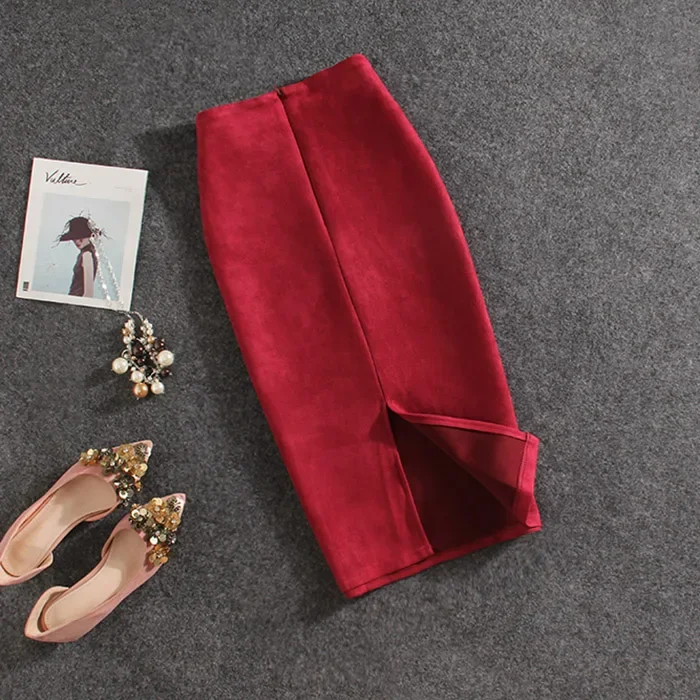 Women Skirts Suede Split Thick Stretchy Skirt Female Pencil Skirts Jupe Femme Faldas Mujer