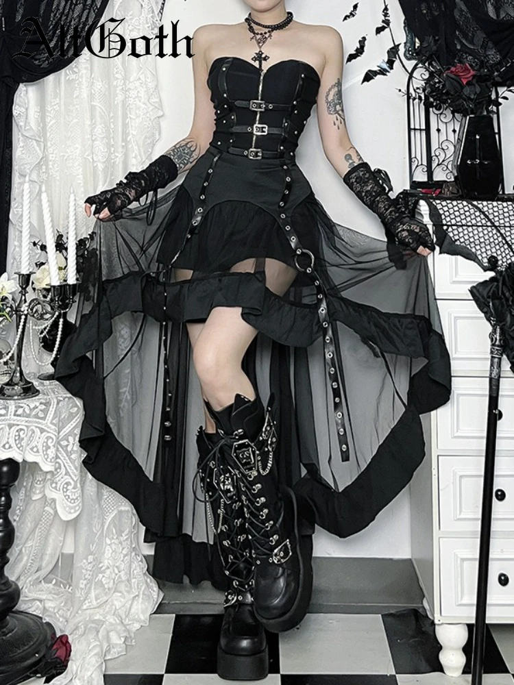 

AltGoth Y2k Harajuku Goth Skirt Streetwear Grunge Cyber Punk Eyelet Patchwork High Waist Irregular Skirt Emo Alt Halloween Skirt