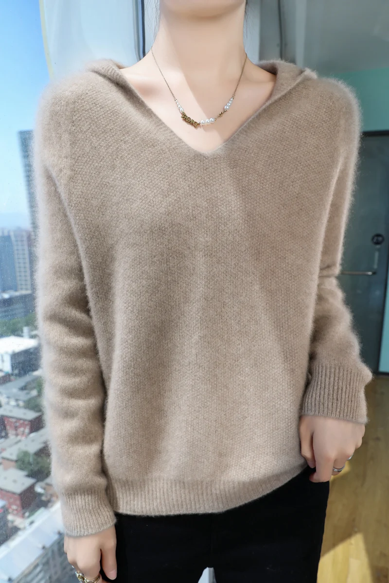 

Новый модный женский шерстяной пуловер, повседневный свободный стильный толстый свитер с капюшоном, кашемировый свитер, осень-зима, одежда из 100% мериносовой шерсти