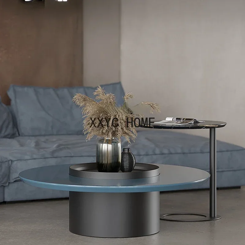 

Italian Minimalist Living Room round Tea Table High-End Blue Light Baking Finish Tea Table Combination