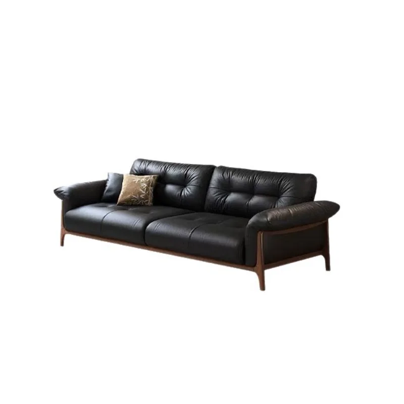 Solid wood leather sofa black medieval straight row