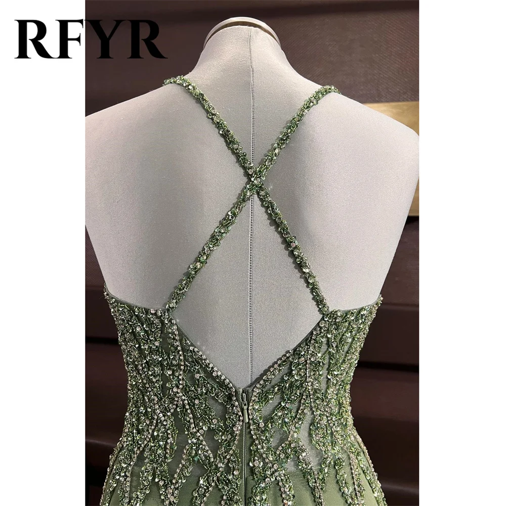 RFYR Dusty Sage Prom Dress Beach Lace Evening Dresses Beaded Cross Back Chiffon Party Dress V-Neck Sequins Embroidery Long 프롬드레스