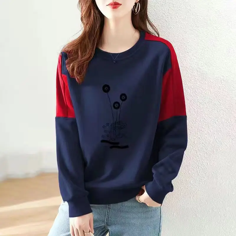 Women Trendy Contrast Color Print Casual Streetwear Sweatshirts Y2K Autumn Female O Neck Long Sleeve Loose Cotton Pullover Tops