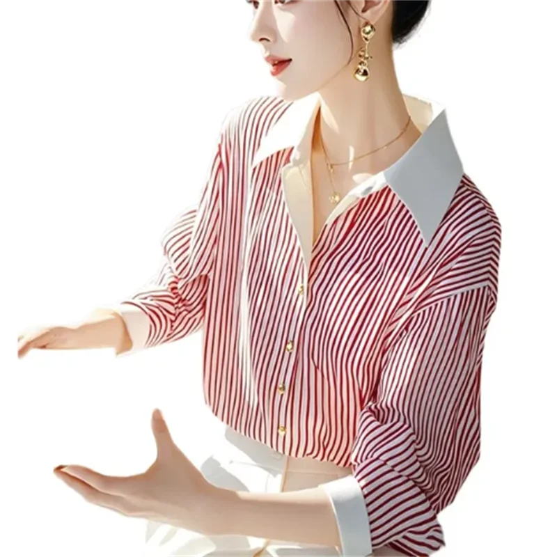 여성용 스트라이프 블라우스 셔츠, 우아한 셔츠, 캐주얼 루즈 긴팔 스플라이싱 셔츠, 패션 단추 업 튜닉 탑, 여성 블라우스