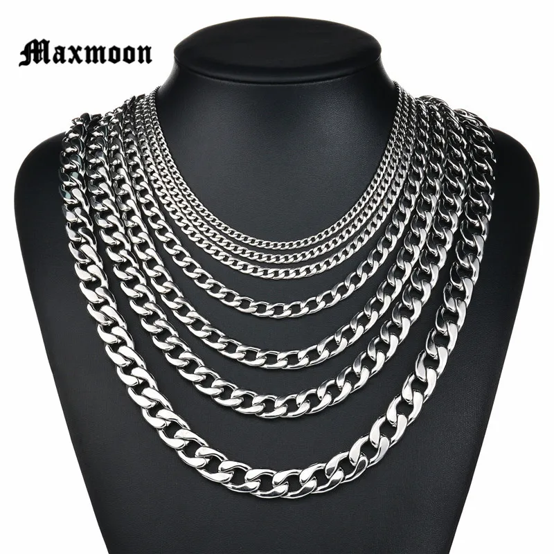 Maxmoon Never Fade 3mm/5mm/7mm/9mm/11mm Stainless Steel Cuban Chain Necklace Waterproof Men Link Curb Chain Gift Jewelry