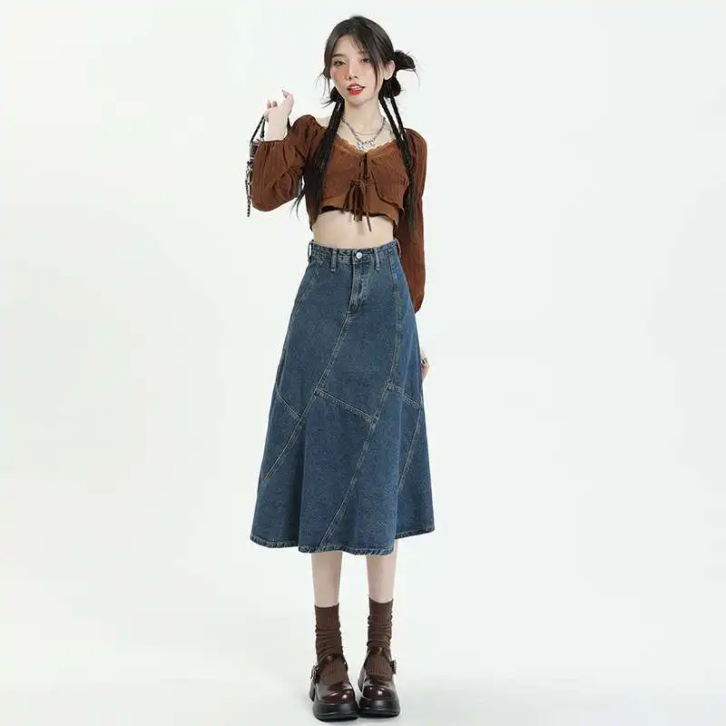 Harajuku Autumn Fashion Casual Fishtail Skirt Design Sense Word Loose Skirt High Waist Denim Skirt Cover Cross-Half Skirt Women