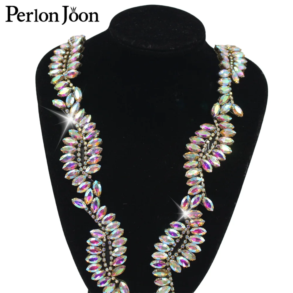 1 ياردة لامعة AB كريستال حجر الراين الزجاج الحديد على الدانتيل سلسلة معدنية فستان الزفاف إكسسوارات الشعر حقيبة الحرفية الديكور TR183