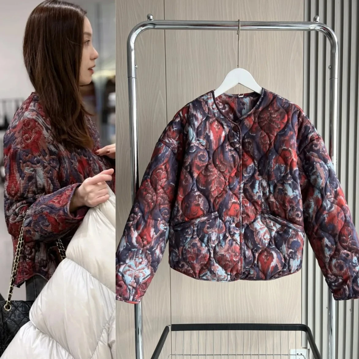 

Women Collection Elegant Fashion Print Loose Vintage Crewneck Cotton Padded Jacket Casual Chic Outerwear Lightweight Coat
