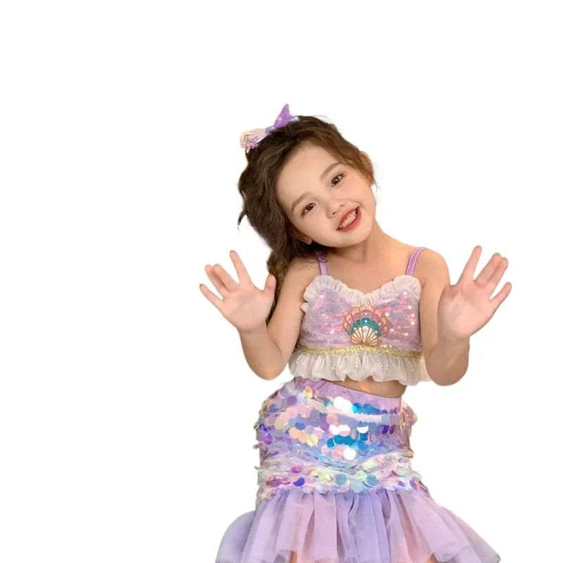 2024 Toddler Mermaid 2pcs Set for Girls Sparkle Tail Costume Cospaly Suit Sleeveless Suspender Skirt Girls Summer Clothes