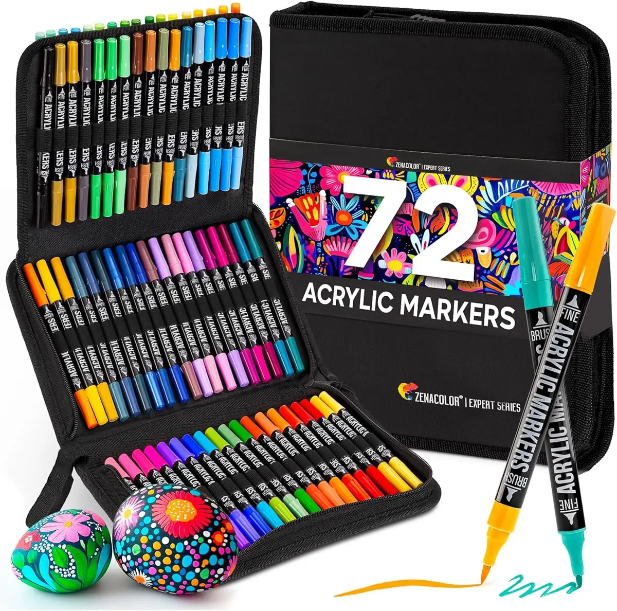 Ensemble de 72 marqueurs acryliques à double pointe avec pointes fines et pinceaux, pigments de qualité supérieure pour papier, tissu, verre, céramique, bois, toile, fournitures artistiques à séchage rapide et résistantes à la décoloration, idéales pour le dessin, la peinture, la calligraphie et les travaux manuels.