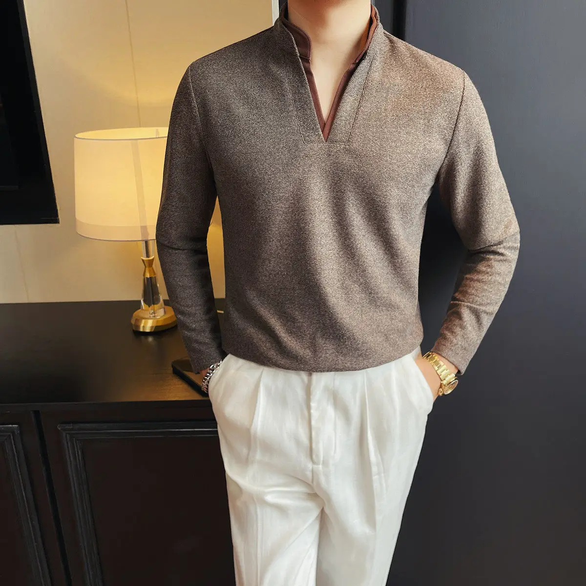 Stand Collar Long-sleeved T-shirt Men's Slim Versatile Trendy V-neck Base Shirt Top Casual Business Social T-shirts Men Clothing