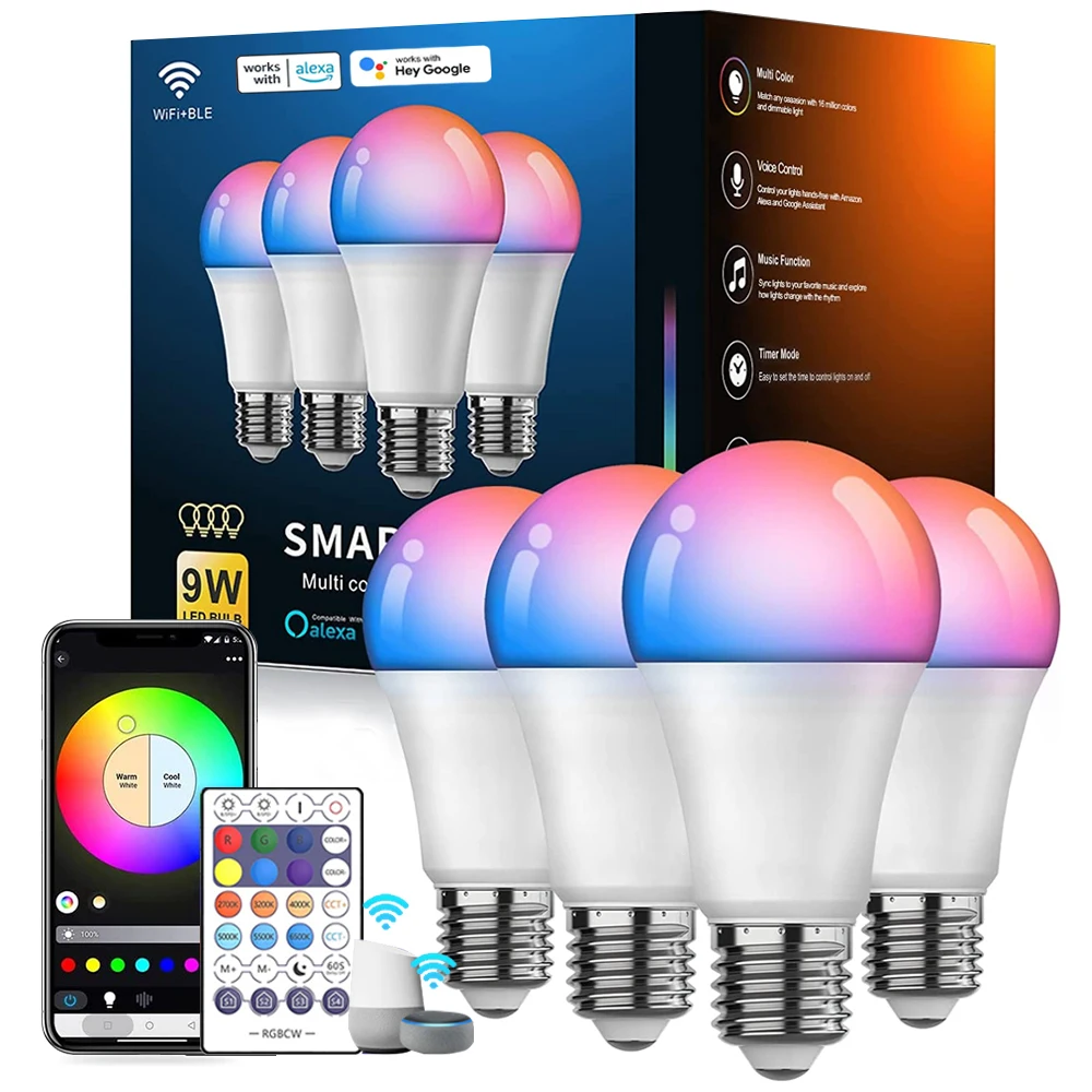 with Music Synchronization WiFi and Bluetooth 5.0  LED Smart Bulb 16 Color Changing New Dimmable RGB Smart Home LightingLED Bulb