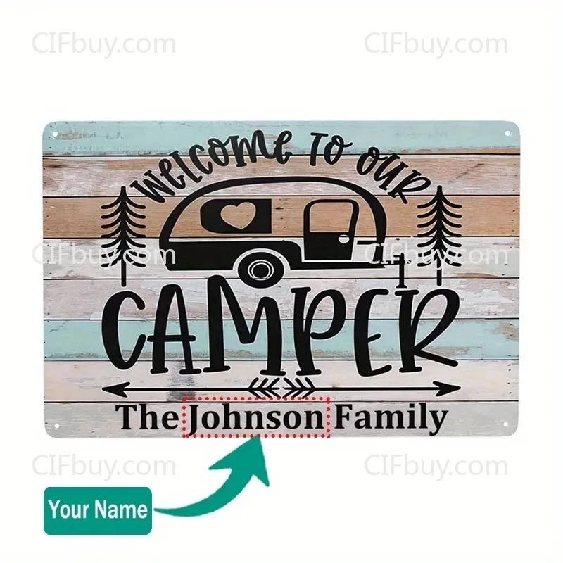 30x20cm Camper‑Style Custom Aluminum Plaque, Personalized Family Name Outdoor Wall Decor (For Decoration Only)