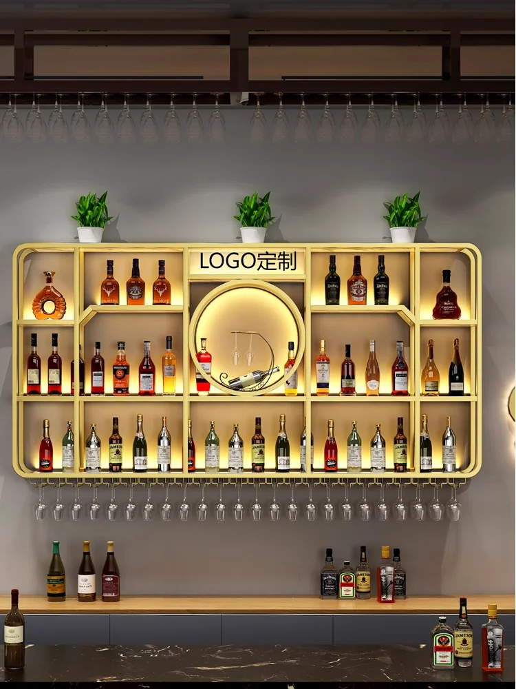 

Bar wrought iron wall-mounted wine counter background luminous display shelf Creative restaurant Wine wine cabinet