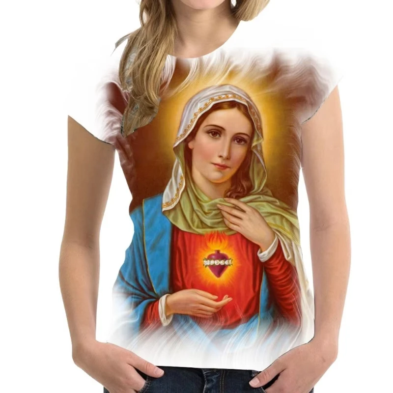 Virgin Mary 3D Print T-shirt Women T Shirts Harajuku Short Sleeve Tees Unisex Oversized Y2k Tops Christian T Shirts For Womans