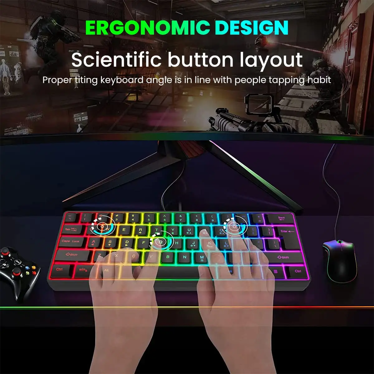 61 مفاتيح RGB الخلفية 60% السلكية لوحة المفاتيح الألعاب ، مريح مقاوم للماء صغير الحجم 60 في المئة لوحة المفاتيح الشعور الميكانيكية ، للكمبيوتر