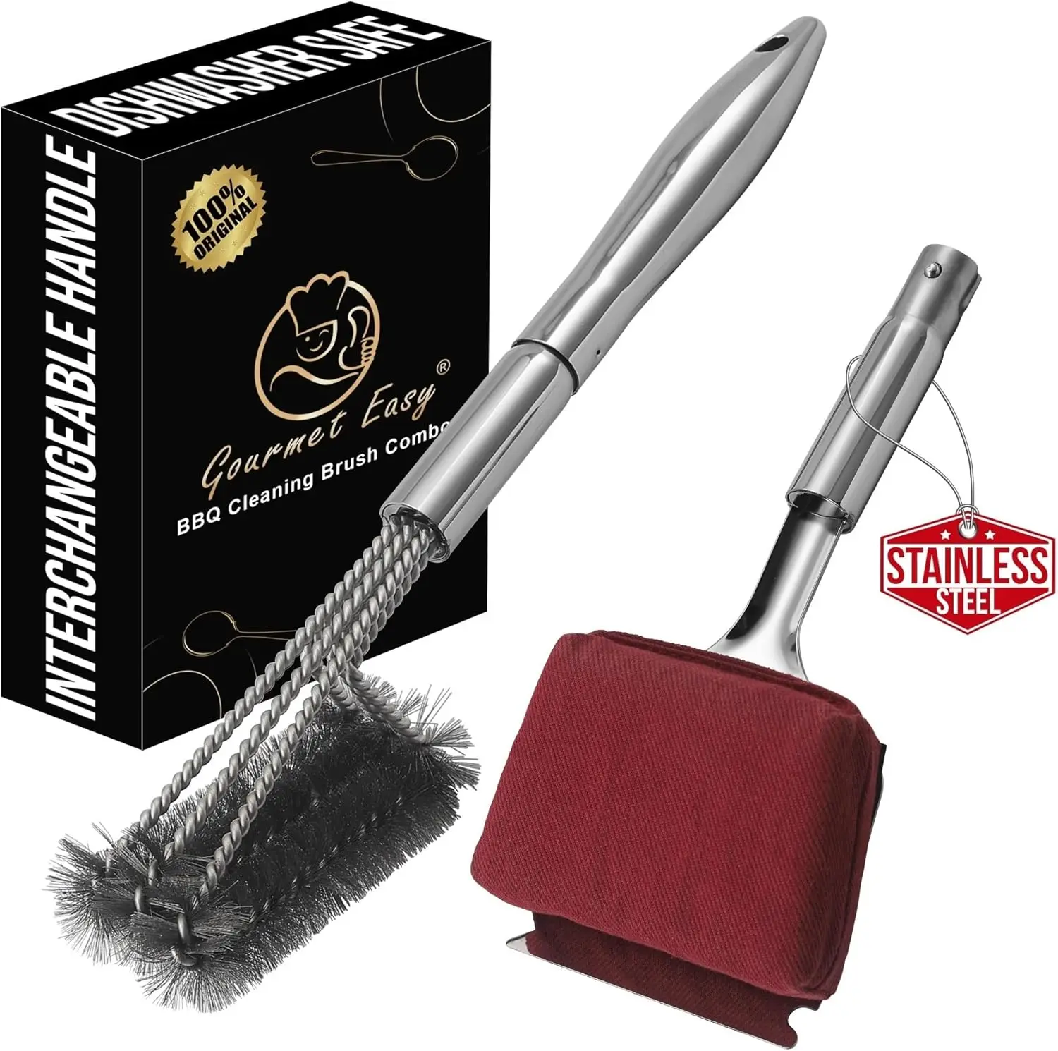 

2-in-1 Stainless Steel Grill Brush Kit, BBQ Cleaning Tools, Dishwasher Safe, Fire-Resistant Sponge