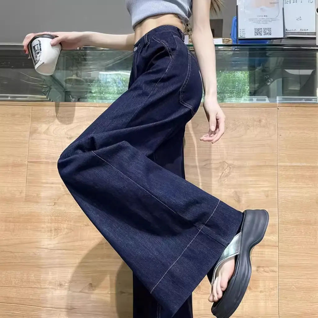 

Женские широкие джинсы, летние тонкие темно-синие свободные драпированные расклешенные брюки длиной до пола, необработанные джинсы