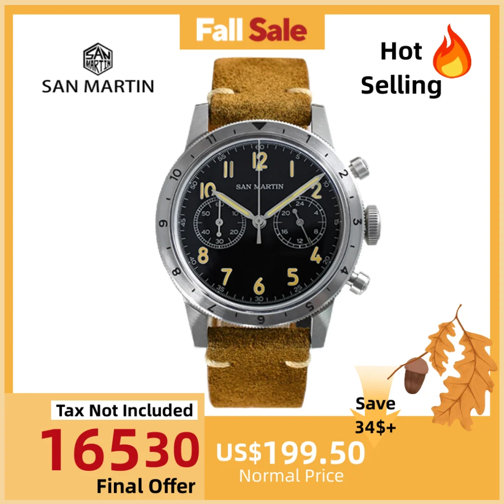 

San Martin 39.5mm VK64 Men Speed Chronograph Watch Quartz Wristwatch Vintage Suede Leather Strap Pilot 10Bar Reloj SN0127JS