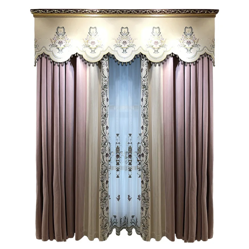 

French embroidered curtains, warm bedroom blackout, romantic pink, high-end curtain head