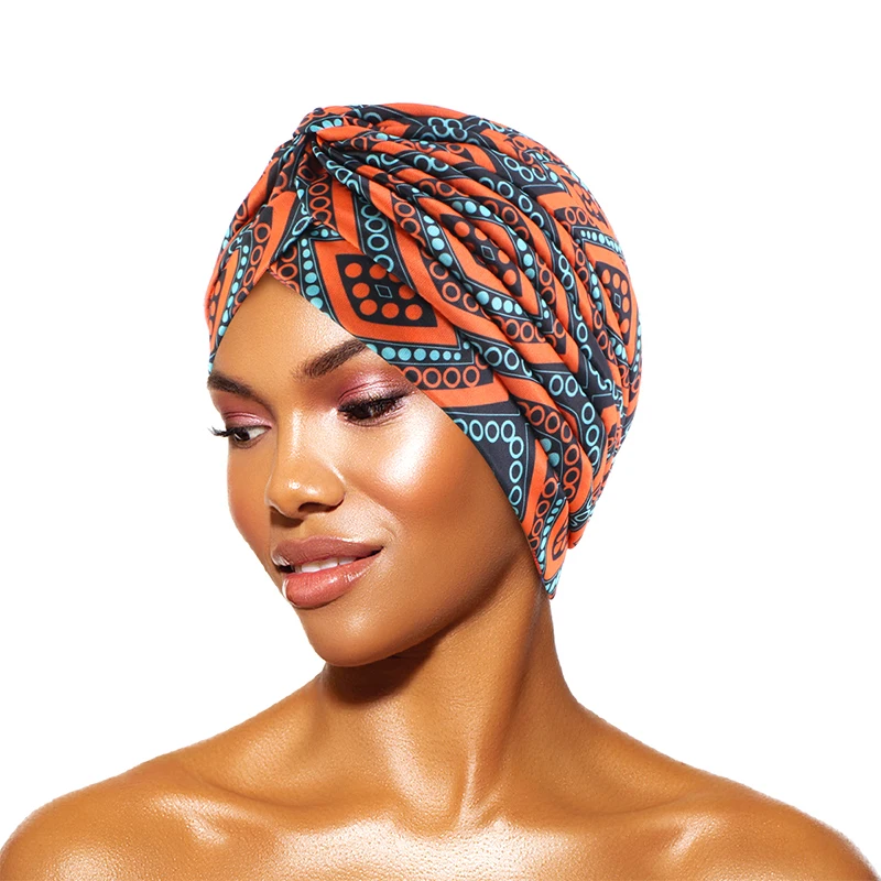 New African Print Flower Knotted Turban Cancer Ruffle Chemo Hat Beanie Scarf Head Wrap Knitted Cap Hair Loss Accessories