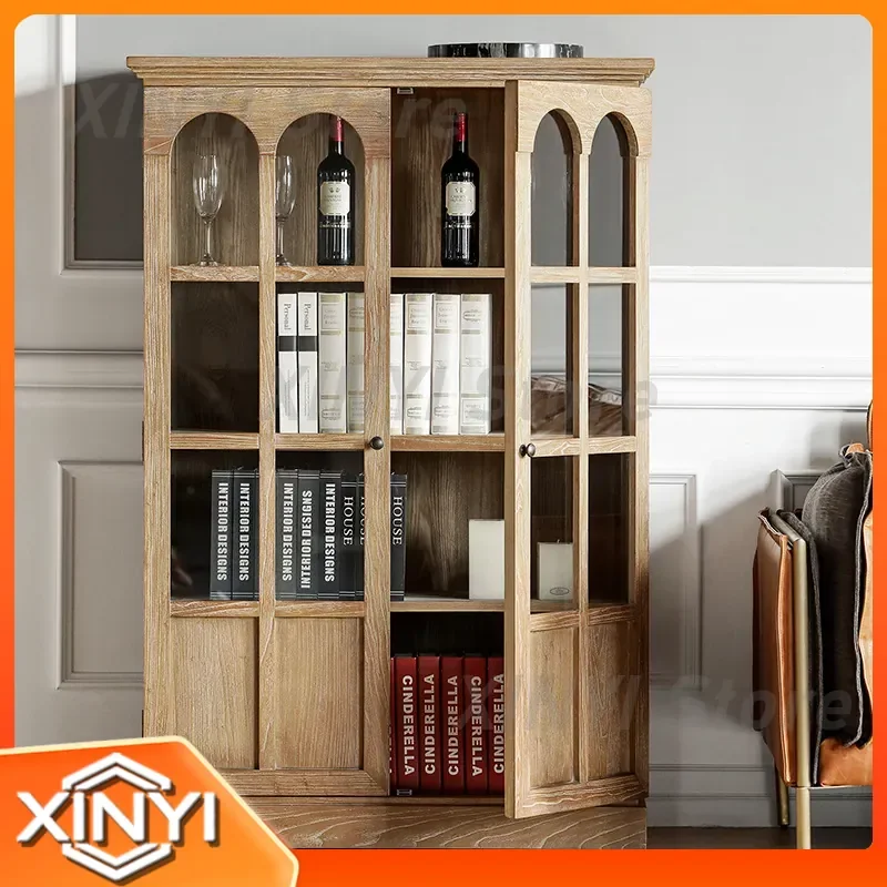 American Solid Wood Bookcase for Nordic Retro Side Cabinet Double Door Dining Side Cabinet for Oak Wine Cabinet Locker French